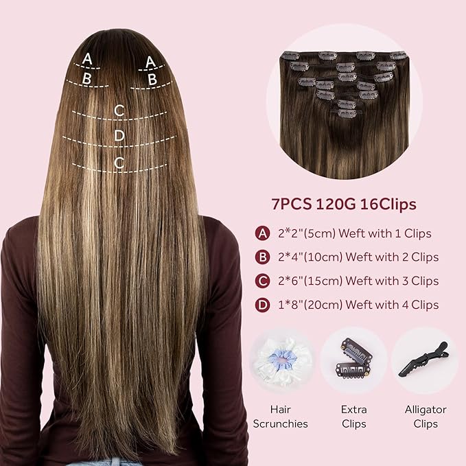 Clip in Hair Extensions Real Human Hair, Invisible Clip In Hair Extensions 100% Human Hair, Balayage Chocolate Brown to Caramel Blonde #4TP27/4 24Inch 120G 7PCS