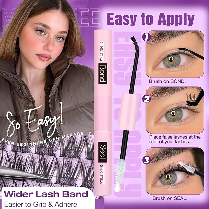 Wispy Lash Clusters Kit Natural Cluster Eyelash Extensions Kit DIY Lash Extensions Kit CC-Curly Clean Makeup 10-16MM Beginner-Friendly Lash Bond and Seal Kit 132Pcs
