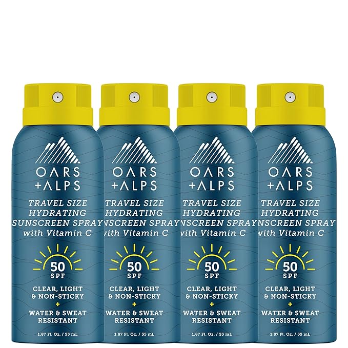 Travel Sunscreen Spray for Face & Body, SPF 50 Spray Sunscreen Infused with Vitamin C & Antioxidants, No White Residue, Water & Sweat Resistant, Lightweight, Hydrating, 1.87oz, 4pk