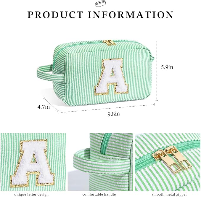 YOOLIFE Gifts for Women Teen Girls Kids - Initial Makeup Bag Cosmetic Case Toiletry Pouch, Birthday Gifts for Women Friends Sister Teacher, Light Green F
