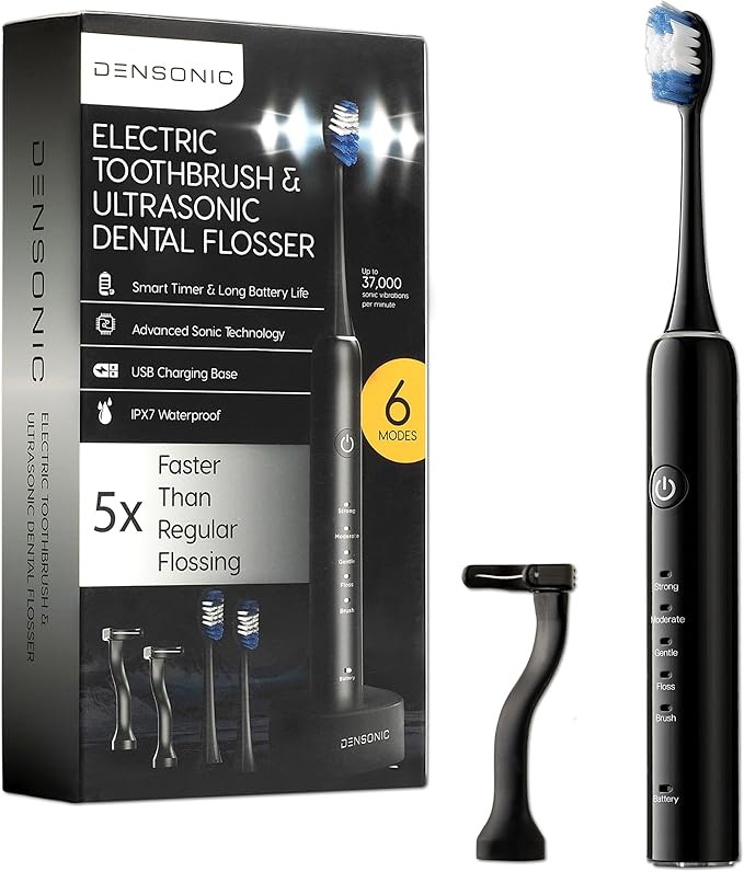 DENSONIC Electric Toothbrush and Flosser Combo Kit | Deep Clean Rechargeable Toothbrush | Easy Gliding Dental Floss for Gentle Gum Care | Cordless Sonic Power | 6 Cleaning Modes | Black