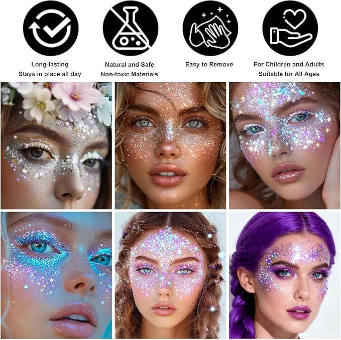 Purple Body Glitter Stick, Sparkling Hair Glitter for Kids and Women, Waterproof Face Hair and Body Glitter Makeup, Rave Accessories Carnival Chunky Sequins
