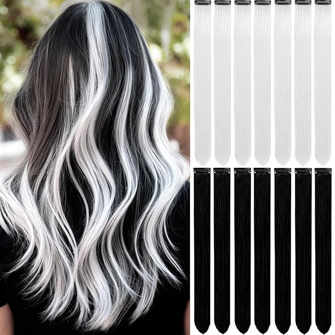 Colored Hair Extensions 14 PCS, 22 In Black and White Clip in Hair Extensions Party Highlights, White Black Long Straight Synthetic Hairpieces for Girls Women Kids Gift(Black White)