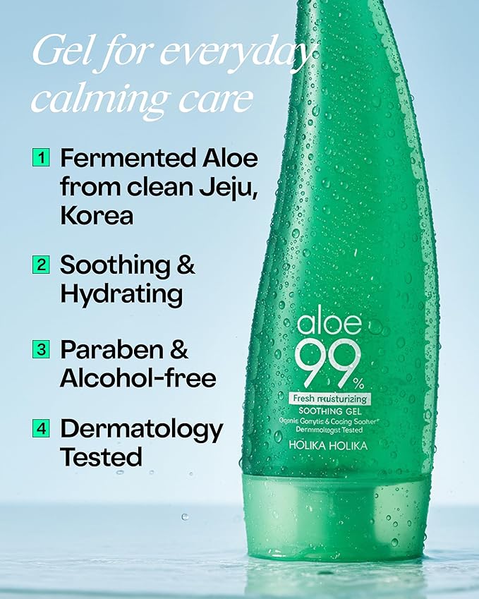 HOLIKA HOLIKA Aloe Fresh Moisture Soothing Gel 2 Pack - Face Body Moisturizer - Fermented Aloe and Cica - Hydrating Cooling Hypoallergenic Korean Skincare for Sensitive Sunburned Skin, 8.45oz