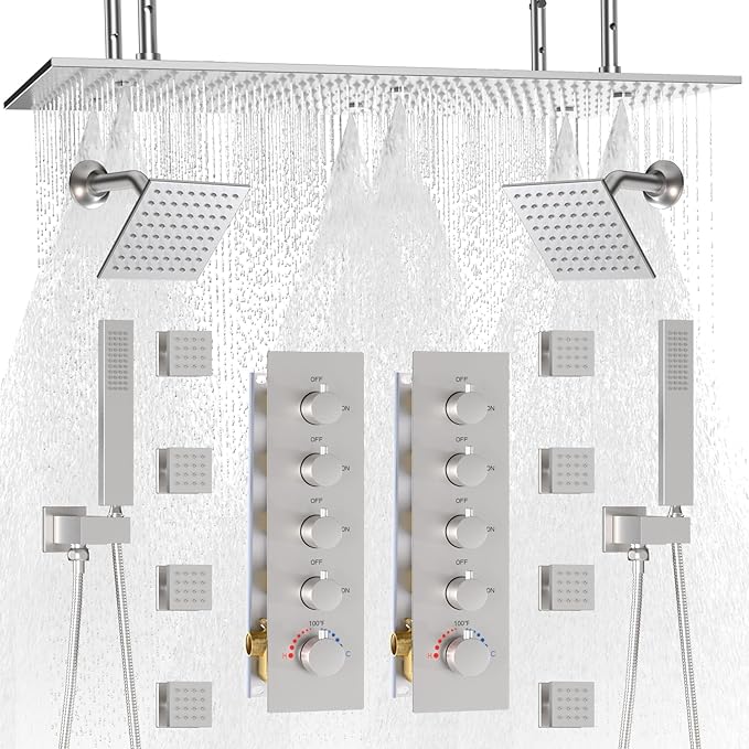HOMEDEC Couples Luxury Shower System, 16x32" Rain and 6" Side Shower Heads, 4-Way Diverter Valves Multi-Function Shower Faucet Set, Brushed Nickel