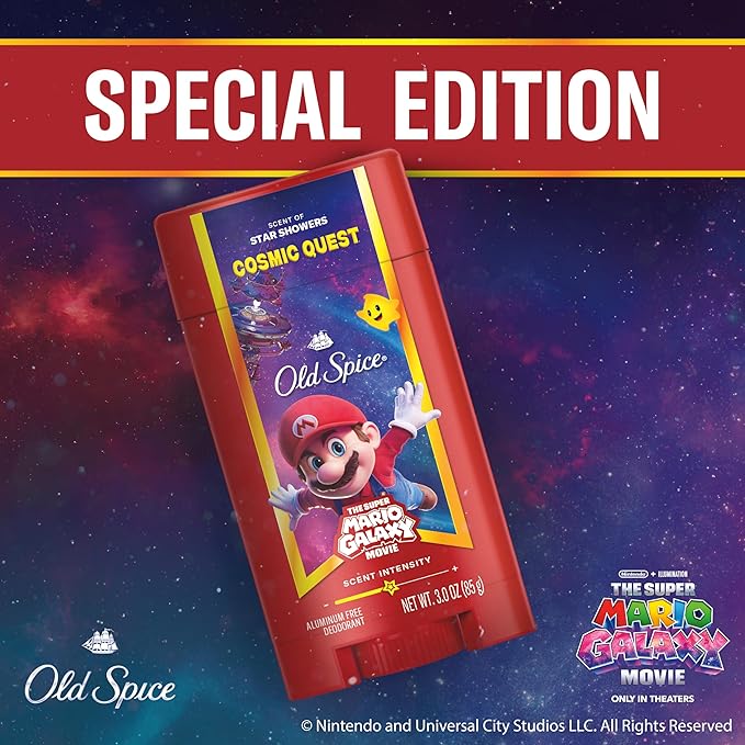 Old Spice Aluminum Free Deodorant for Men, Old Spice x The Super Mario Galaxy Movie, 24/7 Lasting Freshness, Lasting Odor Protection, Smell Super with Cosmic Quest, Star Showers Scent, 3.0 oz