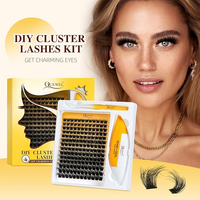 QUEWEL Lash Clusters Kit, Cluster Lashes Kit Includes 168 Pcs Lash Clusters with Large Capacity 16ml Bond and Seal, Lash Applicator Easy to Use for Beginners at Home (3D-MIX10-18 Kit)