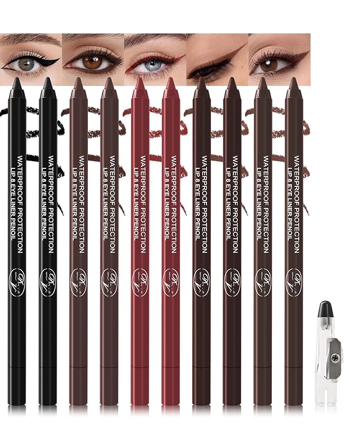 10 Pcs Gel Eyeliner Pencil Set, Black Brown Burgundy Waterline Waterproof Eye Liner, Eyeshadow Stick for Women, Cream Long Lasting Smudge Proof Eyeliner Pen Pack, Matte Makeup Pen with Sharpener-Set B