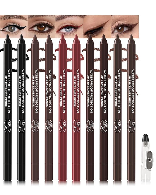 10 Pcs Gel Eyeliner Pencil Set, Black Brown Burgundy Waterline Waterproof Eye Liner, Eyeshadow Stick for Women, Cream Long Lasting Smudge Proof Eyeliner Pen Pack, Matte Makeup Pen with Sharpener-Set B