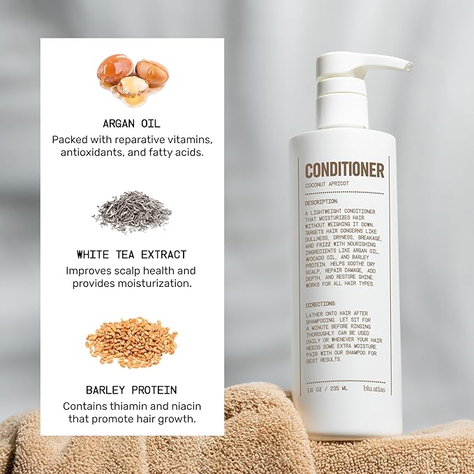 Blu Atlas Men's Natural Conditioner – Organic, Sulfate-Free, Paraben-Free – Deep Moisturizing & Scalp Soothing – Coconut Apricot Scent – Made in America – 16 oz