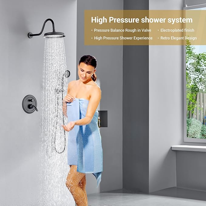 DASAN Matte Black Rain Shower System Antique Shower Faucet Complete Sets, Matte Black Shower Fixtures Combo with Pressure Balance Valve, Trim Kit, 9’’ Rainfall Overhead Shower & Handheld, AT209W-MB