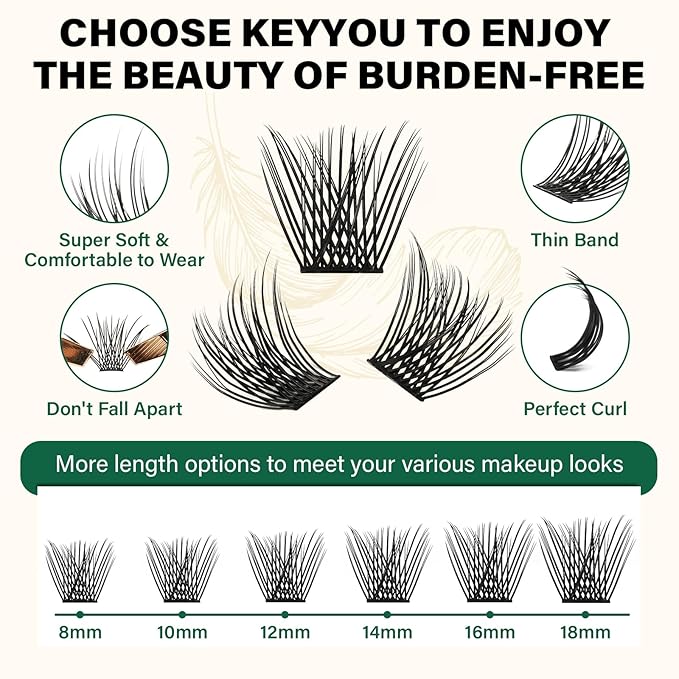 KEYYOU Lash Clusters 144pcs Individual D Curl 10mm Air Touch Cluster Lashes Super Lightweight Soft Wispy Comfortable Easy DIY at Home