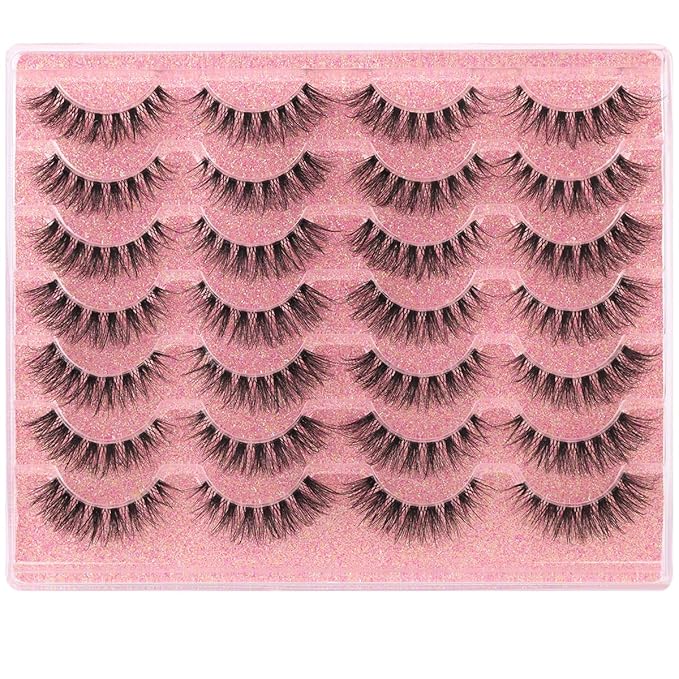 False Lashes Clear Band Faux Mink Lashes Wispy Eyelashes Cat Eye 16mm Natural D-Curl Lashes Cat Eye Strip Eyelashes Pack by Kiromiro, 14 Pairs