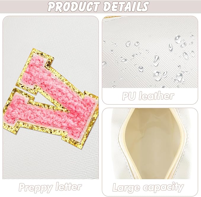 URSKYTOUS Initial Makeup Bag Personalized Preppy Travel Small Cosmetic Bag Cute PU White Chenille Letter Makeup Pouch for Purse Waterproof Zippered Toiletry Organizer for Women Girls Kids Friends (V)