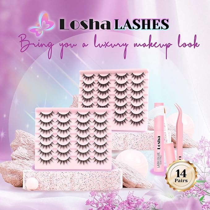 Losha Lashes Fluffy Manga Lashes 14 Pairs Anime False Eyelashes 6D Natural Eye Lashes Kit with Lash Glue and Lash Tweezers Asian Soft Fake Eyelashes (Pop)