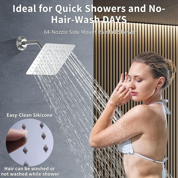 HONGTONGSOWER Bathroom Rainfall Shower System Wall Mount 8 Inch Shower Head With Handled Spray 6 Pcs jets Temperature Display Shower Faucet Set (Chrome)