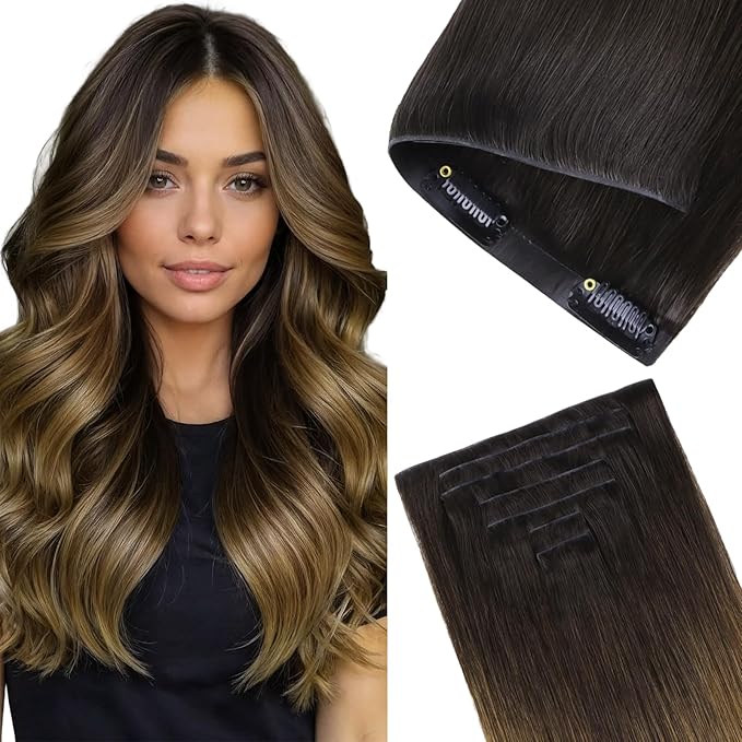GOO GOO Invisi Edge Clip in Hair Extensions, 16inch 110g 7Pcs, Injected Seamless PU Clip in Hair Extensions, Virgin Real Human Hair, #1D/2C/4E Chocolate Dip Color Melt