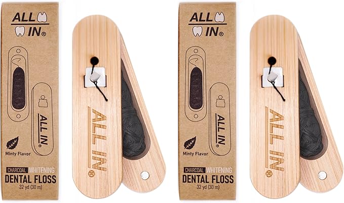 ALL IN Waxed Charcoal Floss with a Refillable Dental Floss Magnetic Holder - Plant Based, Natural, and No PFAS - Mint Floss for Effective Plaque Removal, Clean Teeth, Fresh Breath - 32 yd (2)