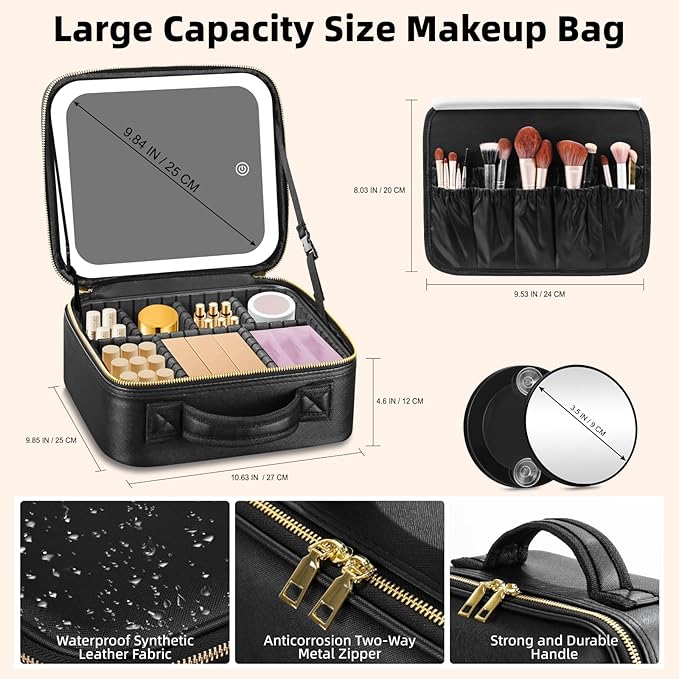 Jadazror Makeup Bag with Mirror and Light 3 Colors, Travel Make up Bag with Mirror Portable Lighted Makeup Case Organizer Cosmetic Case with 2-Layers Adjustable Dividers & 10X Magnifying Mirror(Black)
