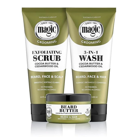 Softsheen-Carson Magic Shaving Beard Grooming Kit for Men with Cedarwood Oil, Includes Beard Butter, Scrub and Cleanser, Gift Set for Facial Hair Care,1 kit