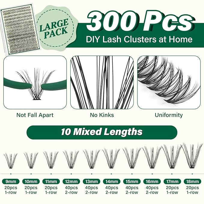 KEYYOU Lash Extension Kit DIY 300Pcs Lash Clusters Eyelash Extension Kit 30D C Curl 9-18MIX Lash Clusters Kit with Lash Glue Remover Applicator Easy to Use for Beginners(Kit,30D-C,9-18MIX)