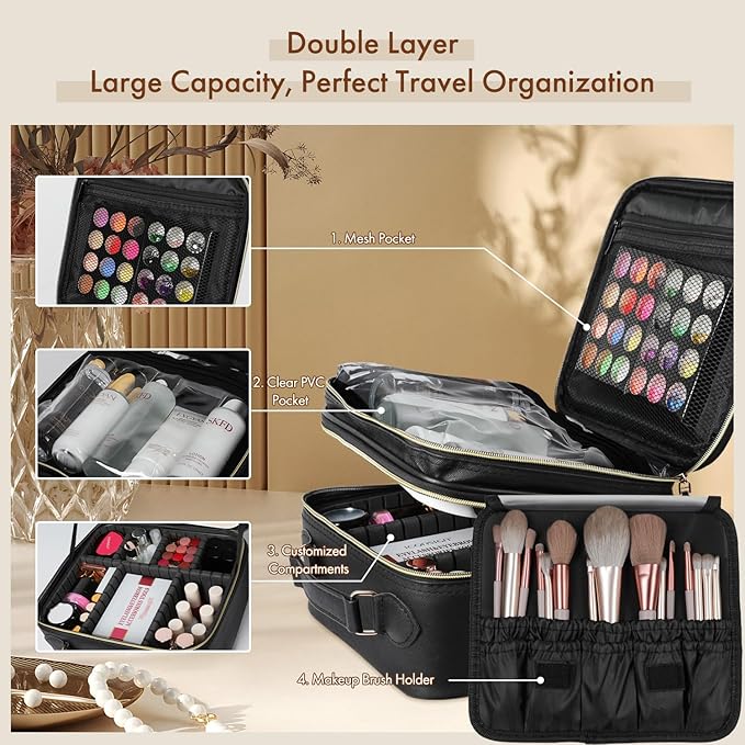 Behaesty Travel Makeup Bag with LED Mirror Double Layer, Detachable Vanity Mirror with Lights, Tri-light Dimmable, Makeup Case with Adjustable Dividers and Brush Holder Cosmetic Organizer Storage Box