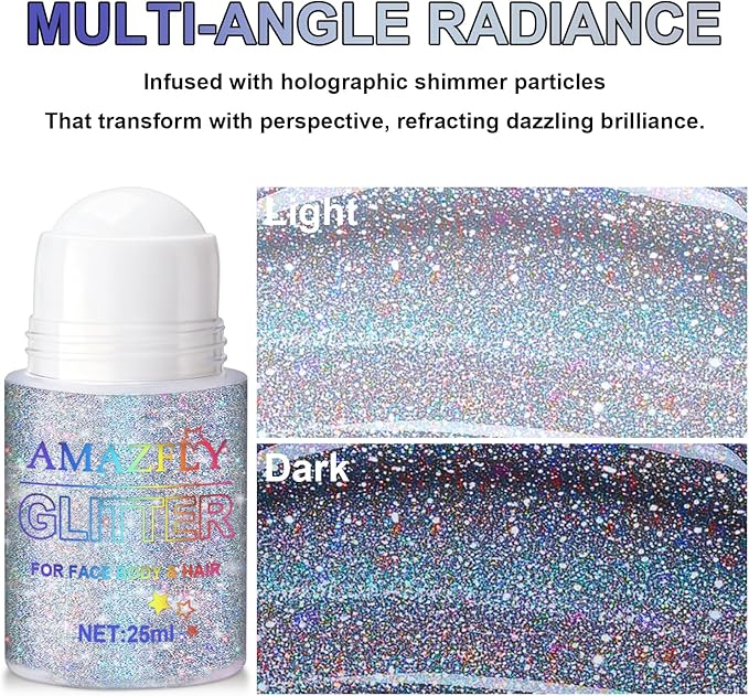 1PC Roll-on Holographic Body Glitter Gel for Body, Hair, Face, Chameleon Color Changing Glitter Gel Under Light, Chunky Mermaid Sequins Festival Party Rave Accessories Shimmer Makeup (Glint-Rainbow)