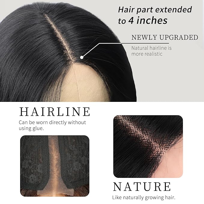 AISI HAIR Long Wavy Dark Brown with Blonde Highlight Lace Hairline Wigs for Women，Middle Part Synthetic Heat Resistant Wig for Daily Party-26 Inch