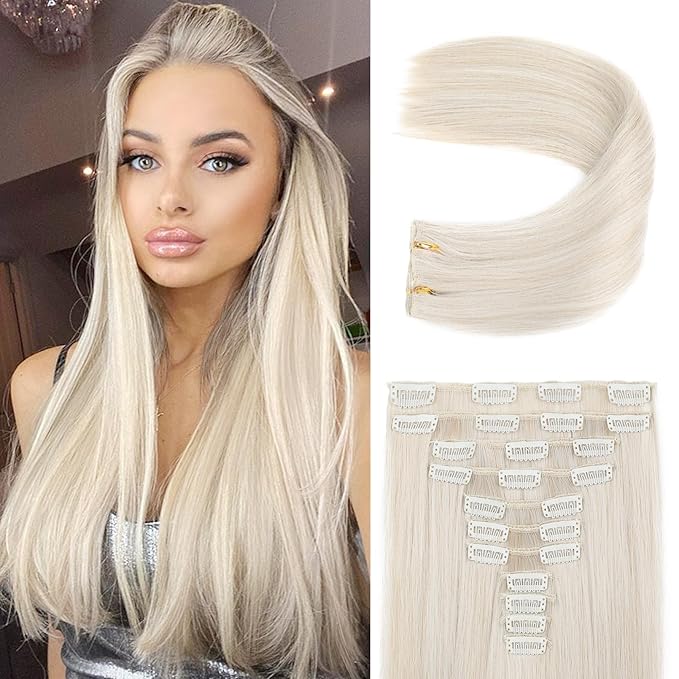 REECHO Hair Extensions, 11PCS Clip in Hair Extensions 24" Long Straight hair extensions HE005 Natural Soft Synthetic Hairpieces for Women Pearl Platinum