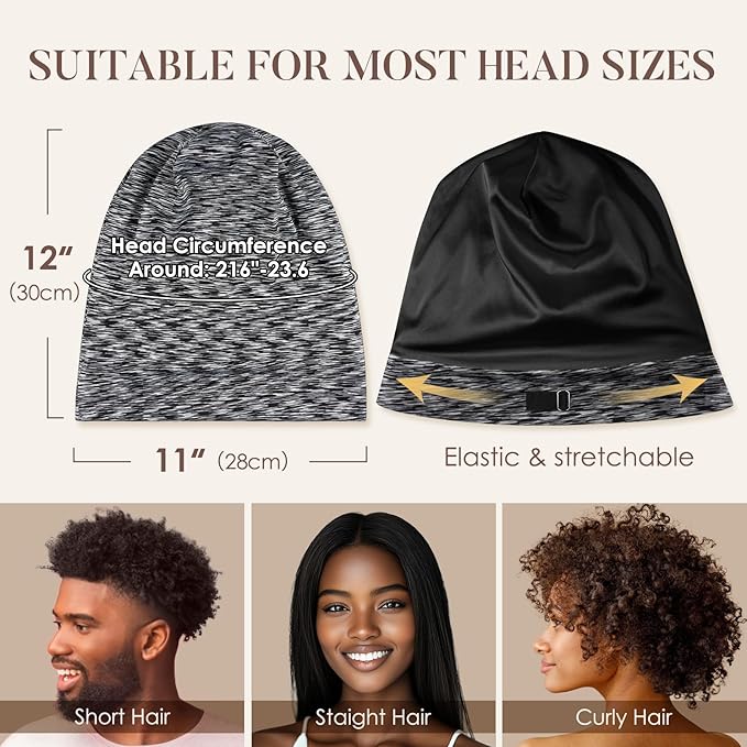 LULUSILK Mulberry Silk Lined Sleep Cap, No More Frizzy Tangled Hair, Stay On Silk Hair Wrap for Sleeping, Adjustable Strap, Unisex Adult, One Size, Assorted Color Dark Grey