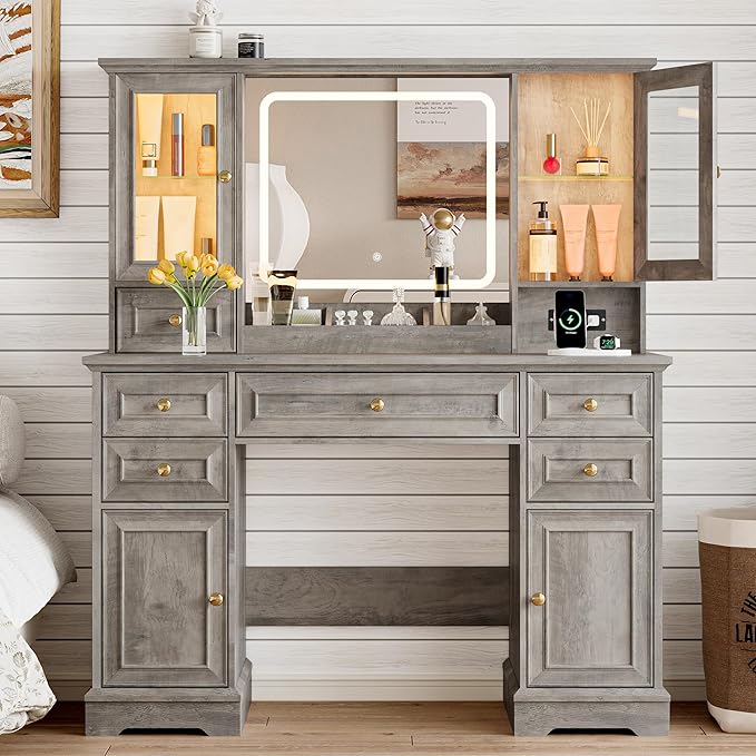 Makeup Vanity Desk with HD Lighted Mirror & Power Outlet, Farmhouse Vanity Table Set with Storage Drawers & RGB Cabinets, Large Dressing Table with 3 Lighting Modes for Women Kids Girls Bedroom, Grey
