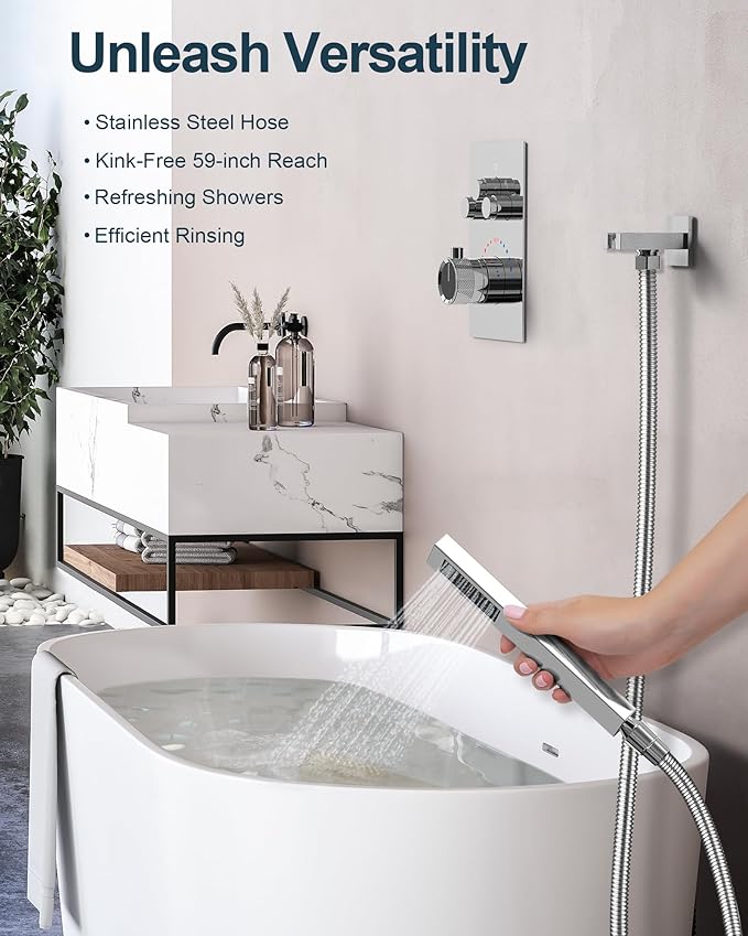 GRANDJOY Thermostatic Shower System, Dual Rainfall Shower Heads for Ceilling & Wall Mounted with Handheld Sprayer, Chrome