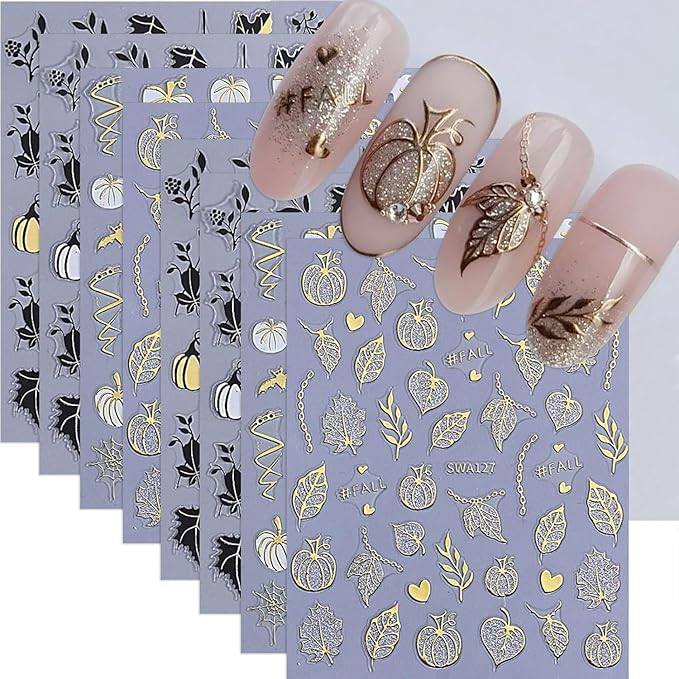 Halloween Pumpkin Ghost Nail Art Stickers Fall Maple Leaf Nail Decals Golden Fall Leaf Bat Spider Web Ghost 3D Self-Adhesive Nail Design Stickers for Women Holiday Manicure 8 Sheets