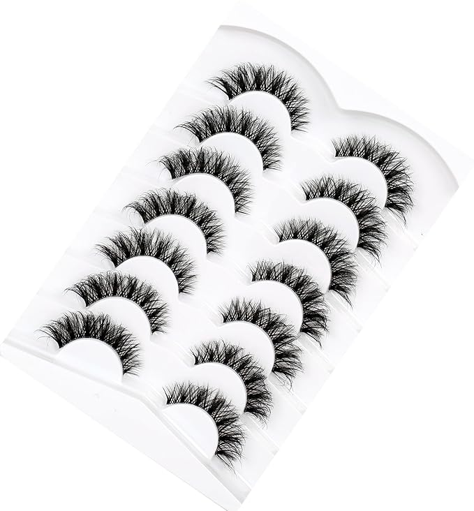 Pooplunch False Eyelashes Wispy Cat Eye Lashes Natural Short 8D Faux Mink Lashes Fake Eyelashes Strips 7 Pairs Pack