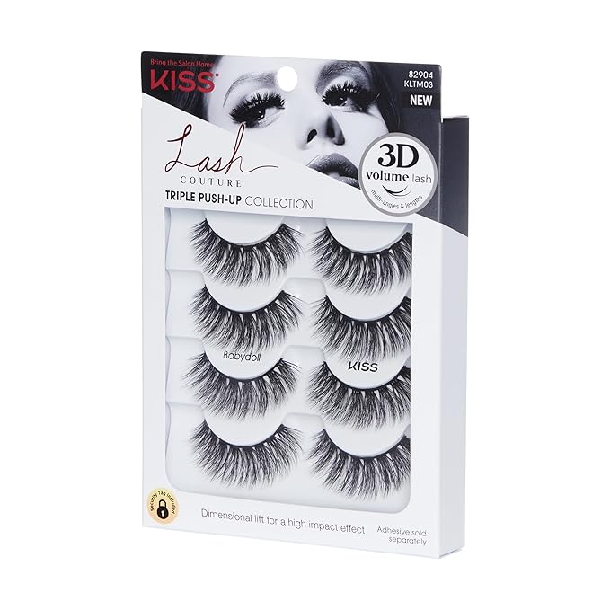 KISS Lash Couture Triple Push Up Collection Multipack, 3D Volume False Eyelashes with Triple Design Technology, Multi-Angles & Lengths, Reusable, Style 'Babydoll', 4 Pairs Fake Eyelashes (Pack of 2)