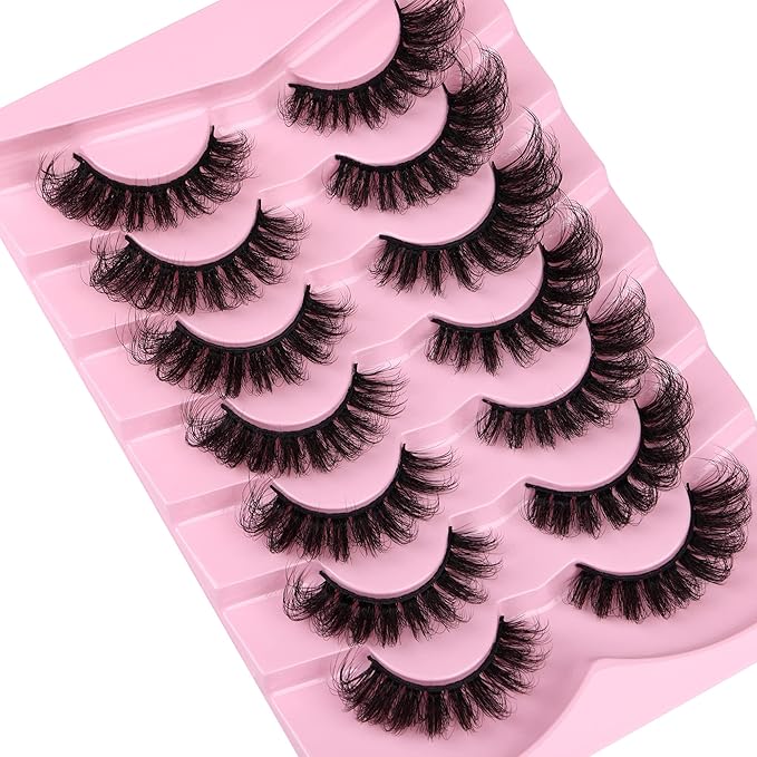 JIMIRE Faux Mink Lashes Volume False Eyelashes with Lash Glue Kit 18MM Dramatic Fluffy Cat Eye Lashes Russian Strip Lashes D Curl Mink Lashes Fluffy 7 Pairs Pack