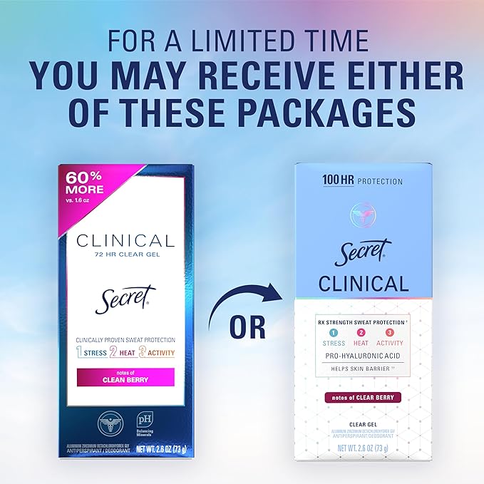 Secret Clinical Strength Antiperspirant Deodorant for Women, 100hr Sweat & Odor Protection, 3X Stress Protection with Hyaluronic Acid, PH Balancing Minerals, Clear Gel, Clear Berry Scent, 2.6 oz