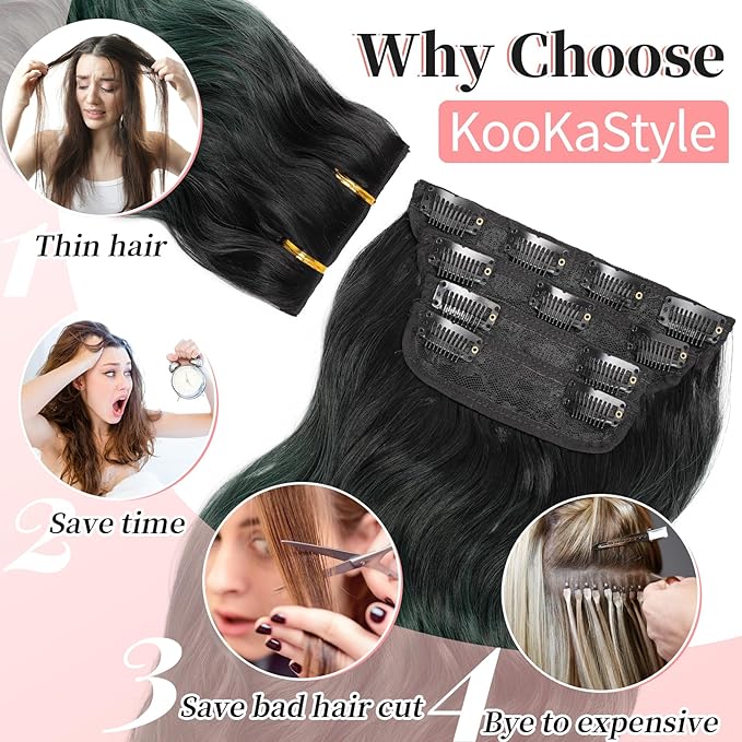 KooKaStyle Clip in Synthetic Hair Extensions Long Wavy 4PCS Thick Hairpieces Black to Green Ombre Fiber Double Weft Natural Hair Extensions 20 Inch for Women