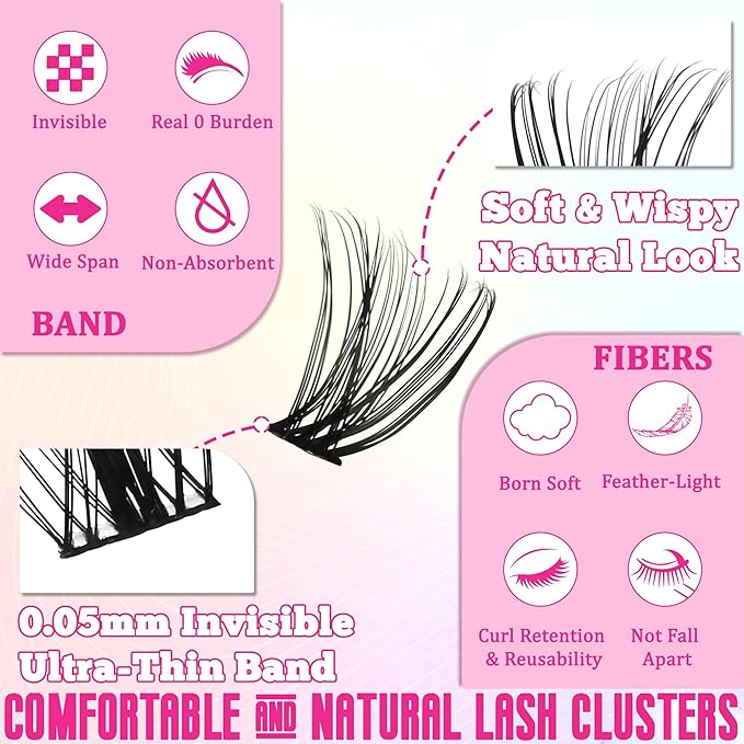 Gmagictobo Lash Clusters Wispy Lash Clusters Kit 570Pcs Lash Extension Kit Volume DIY Individual Lashes Clusters Thin Band Eyelash Extension Kit Lash Glue Lash Tweezers