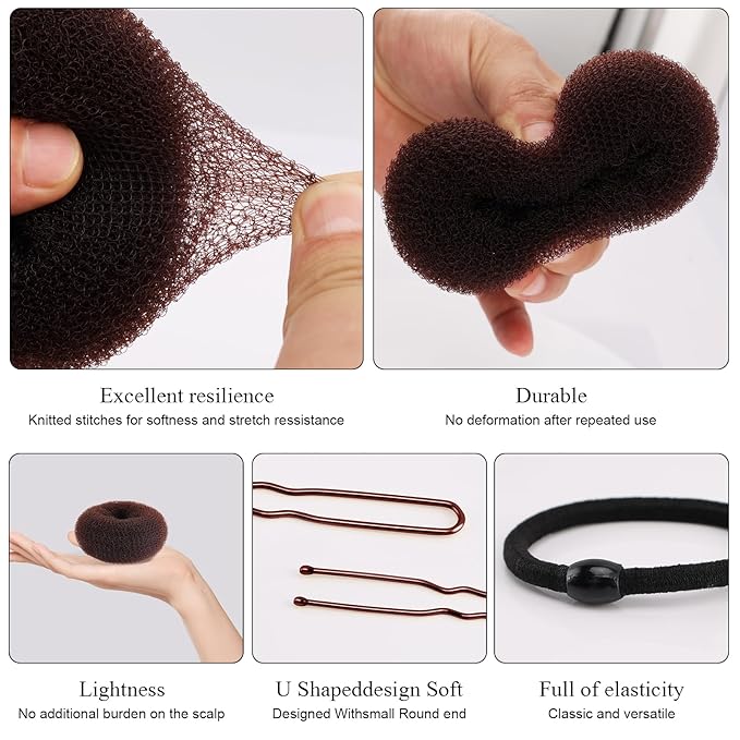 HOFASON Hair Accessories for Women Girls Kids, Bun Makers for Kids, 6Pcs Hair Bun Maker Donut Hair Ties Hair Elastics Hair Pins Kit, Ballet Bridal Accessories Gifts for Women (Size 3 Inch,Brown)