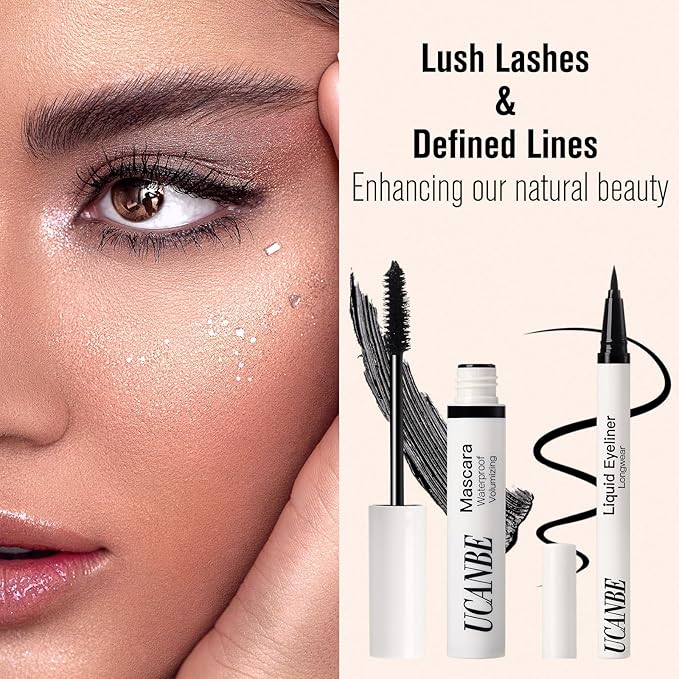 UCANBE Blue Mascara and Liquid Eyeliner Set, Waterproof Colored Eye Makeup Duo - Enhance Your Gaze with Natural Lasting Lift & Curl for Lashes and Pigmented Smudge-Proof Eye Liner