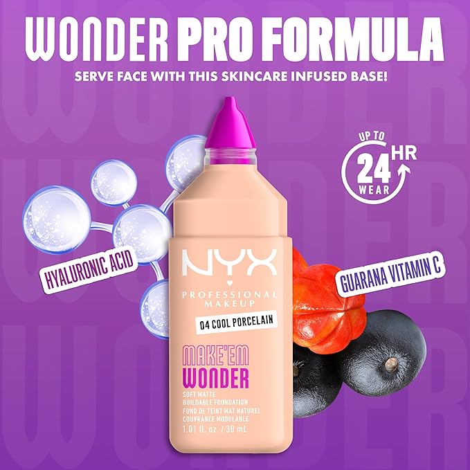 NYX PROFESSIONAL MAKEUP Make 'Em Wonder Liquid Foundation, 24HR Foundation Makeup With A Soft Matte Finish, Buildable Full Coverage - 04 Cool Porcelain