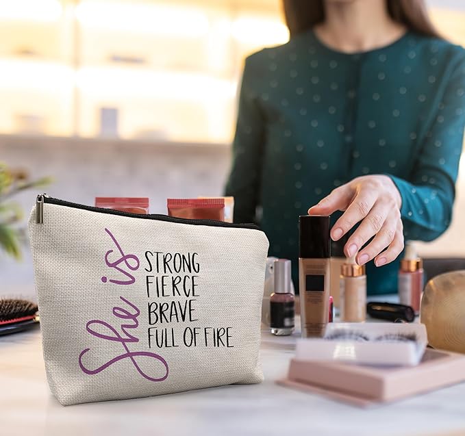 uinwk Inspirational Makeup Bag,Women Empowerment Gift,Woman Power Gifts,She Is Strong Fierce Brave Full Of Fire Cosmetic Bag,Gifts For Mom Grandma Friends Girls