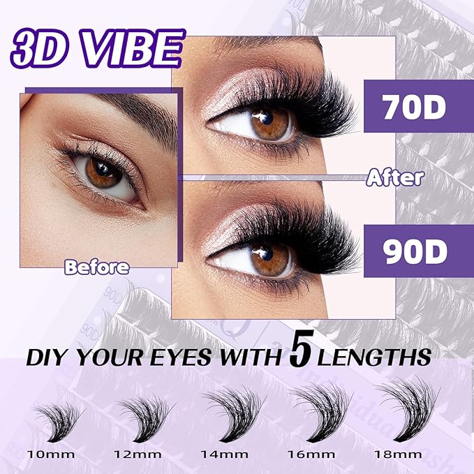 B&Q Fluffy Lash Clusters Kit 7D+90D Dramatic Eyelash Clusters Kit 10-18MM 0.05MM Wispy Lash Thick Volume DIY Individual Lashes 3D Mega Eye Lashes Suitable for Beginners at Home(KIT-70D+90D)