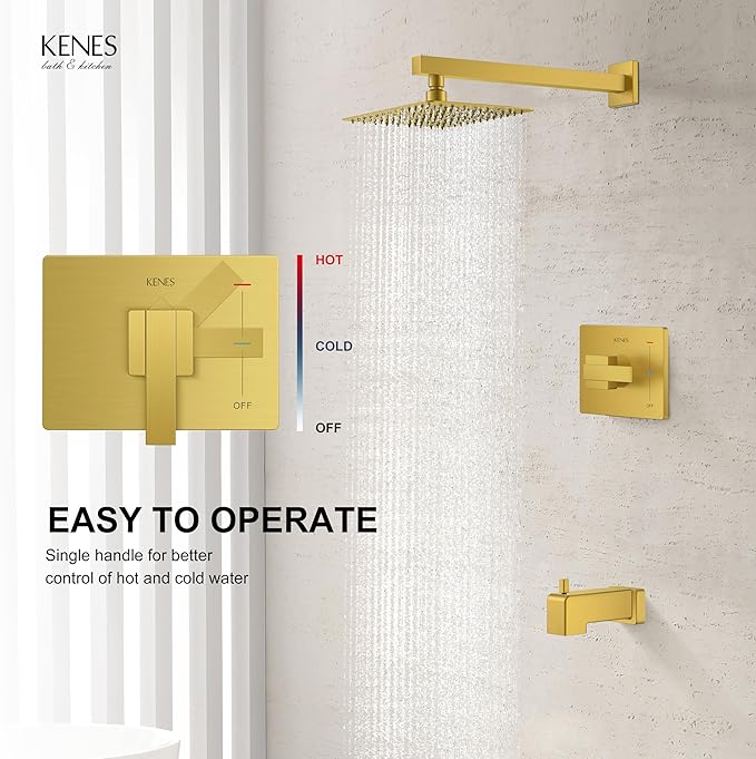 KENES Brushed Gold Tub and Shower Trim Kit, Square Tub Shower Faucet Set Complete with 10-Inch Rainfall Shower Head and Tub Spout, KE-6024A-4 (Shower Valve Included)