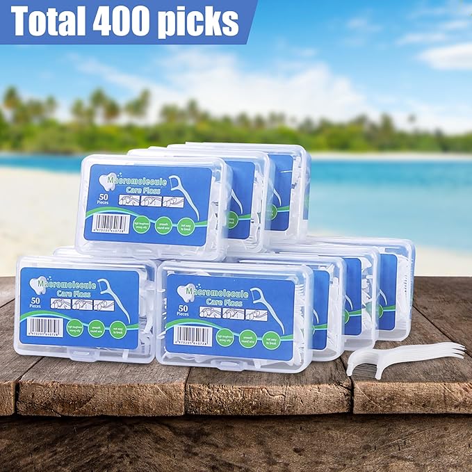 Aussumy 400 Count Dental Floss Picks – Built-in Toothpicks for Deep Cleaning, Comfortable Handle to Remove Plaque & Protect Gums – Family Pack with 50 Picks per Portable Case for Adults & Kids