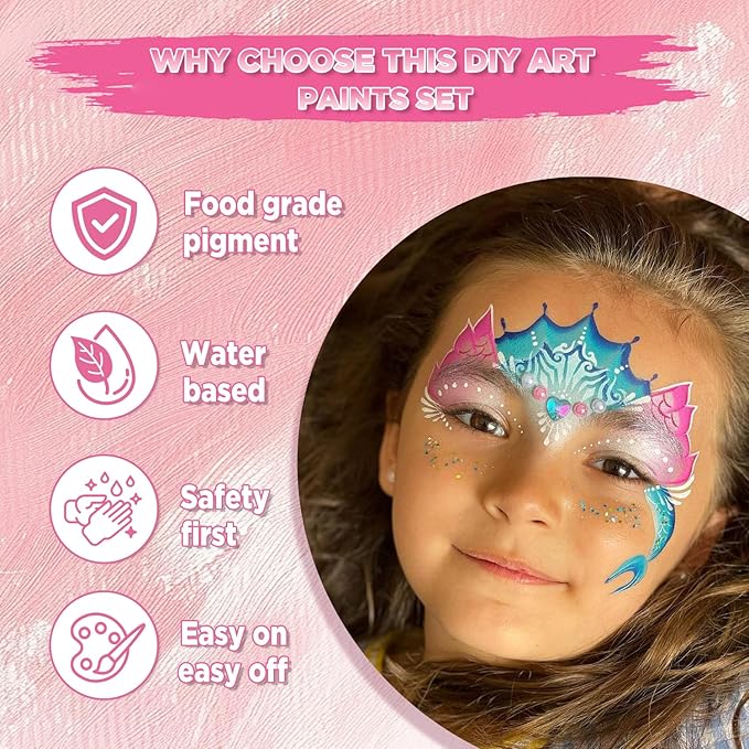 Face Painting Kit DIY Body Art Set - 24 Colors With Stencils Brushes and Hair Chalk - Professional Body Makeup Kit for Parties Birthdays Halloween