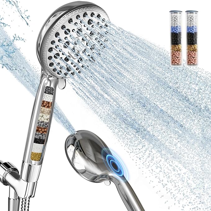 Shower Head with Handheld, Shower Heads High Pressure, Shower Head with Filter-Hand Held Showerhead Set,7 Modes Filtered Showerhead with 59″Replacement Hose/Bracket/Filters (Chrome)