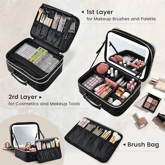 Makeup Bag with LED Lighted Mirror 12.2 IN Cosmetic Train Case Double Layer Makeup Case Adjustable Brightness in 3 Colors Cosmetic Organizer Artist Storage with Brush Holder Vanity Black Checkerboard