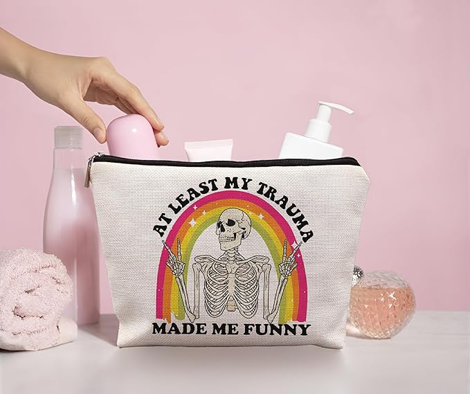 uinwk Funny Mental Health Makeup Bag, Mental Health Gifts, at Least My Trauma Made Me Funny Sarcastic Skeleton Meme Cosmetic Bag, Psychology Gifts, Funny Gifts for Women Adult Humor